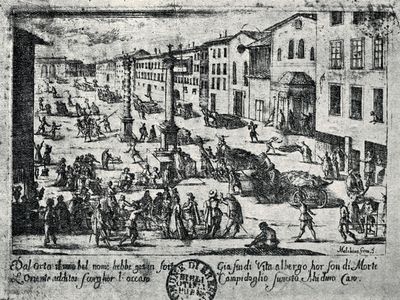 An etching of carts laden with corpses in the Piazza San Babila, Milan during the plague of 1630.