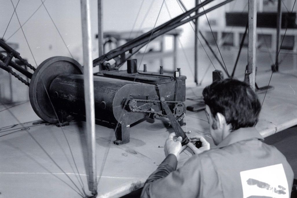 Wright Flyer undergoing restoration 1984-1985.jpg