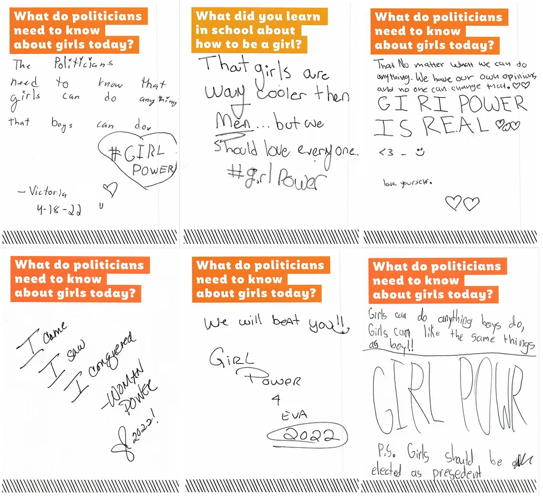 Six cards with visitor messages. One visitor responds to the prompt, "What do politicians need to know about girls today" with a message that includes "That no matter what we can do anything. We have our own opinions and no can change them."
