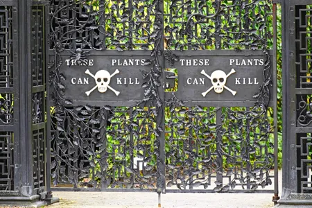 The ornate black gates to the Poison Garden warn visitors of the deadly plants that grow within.