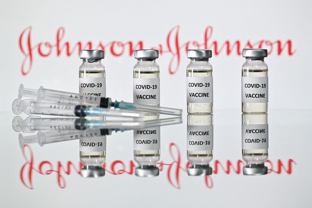 A row of generically labelled Covid-19 vaccines lined up in front of the Johnson & Johnson label