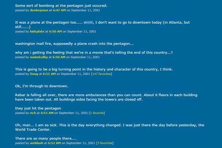 A screenshot from the Metafilter discussion "Plane crashes in to the wor[l]d trade center."