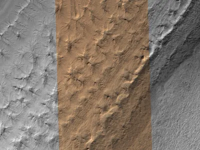The Ultimi Scopuli region on Mars, as seen (in black-and-white and enhanced color) by the HiRISE camera on NASA's Mars Reconnaissance Orbiter.