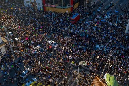 Thousands of Black Lives Matter protesters congregate at Los Angeles' Hollywood and Highland intersection on June 7, 2020. 