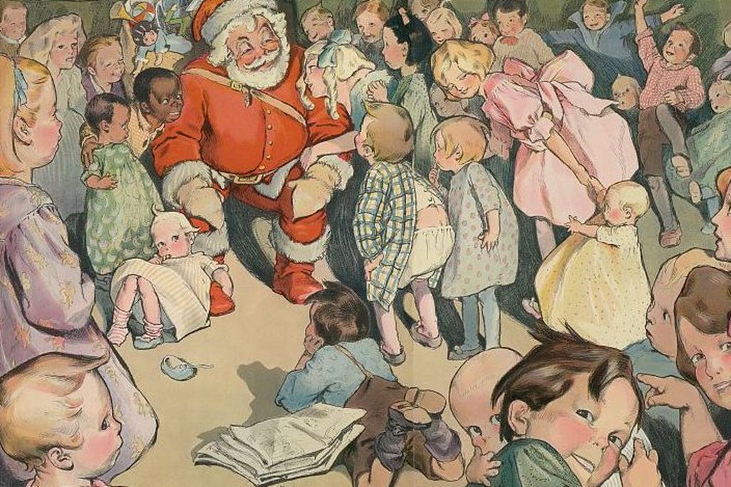 illustration of kids gathering around Santa