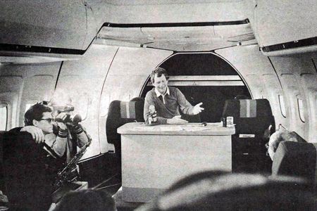 The first class area of a TWA 747 was transformed into a television studio for the fourth anniversary of David Letterman’s show. The seats were removed, making room for Letterman’s desk and the show’s band. 
