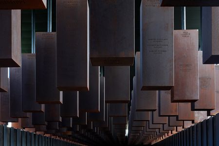 Over 800 corten-steel monuments, one for each county in the United States where a racial terror lynching took place, on display at the National Memorial For Peace And Justice