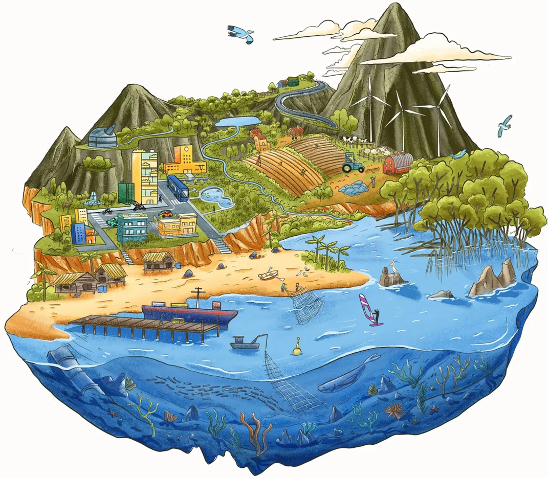 An illustration of a landscape and seascape, from mountains and forests to a bustling human community to an ocean full of activity.