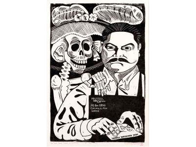 Carlos A. Cortéz, "José Guadalupe Posada," 1981, signed 1983, linocut on paper mounted on paperboard