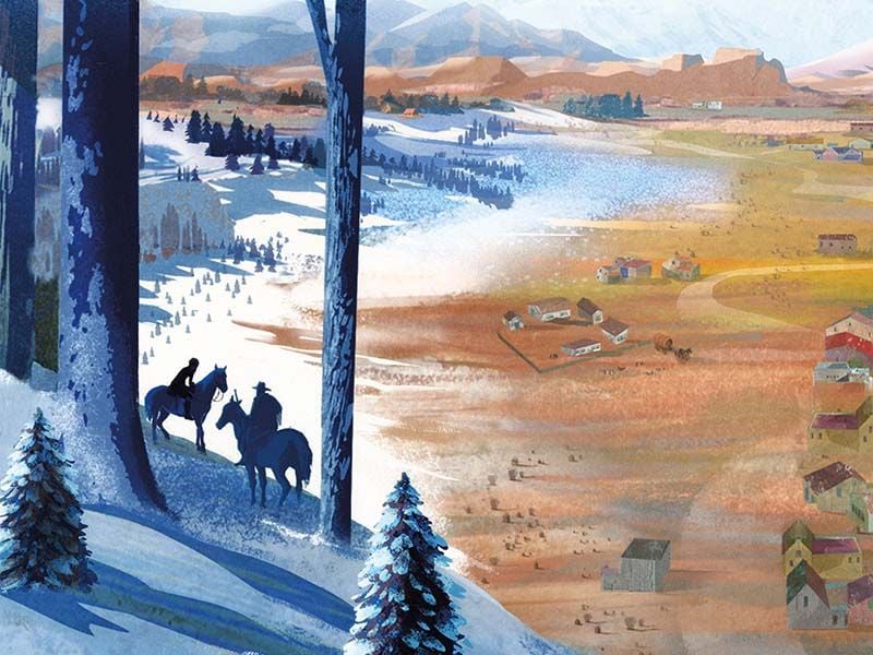 Illustration of people on horseback looking at an open landscape