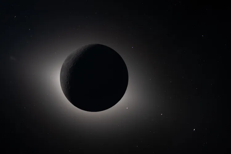 the moon appears as a dark circle with a faint white glow around it in a solar eclipse from space