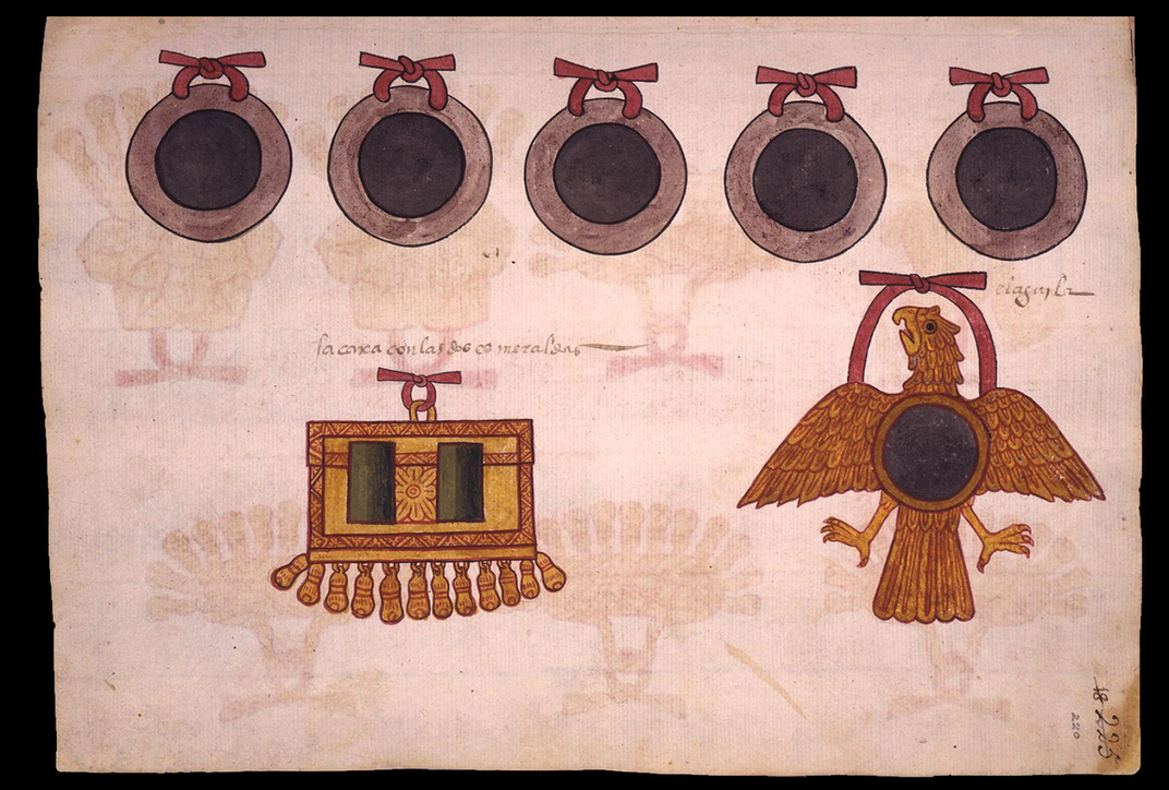 A page of Codex Tepetlaoztoc, showing mirrors along with other images