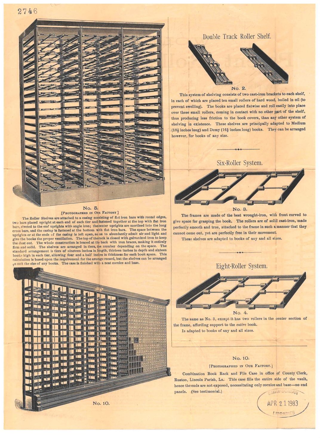 Page from 19th century trade catalog with black and white illustrations of filing systems
