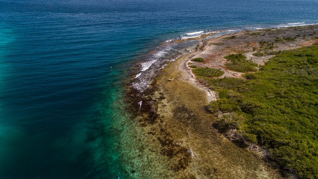 An aerial photo of a coastline on the island of Curacao