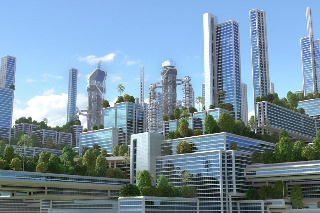 3D futuristic green city.