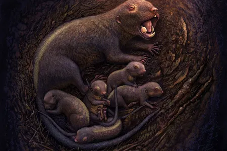 An artistic rendering of a multituberculate mother with her litter of offspring.