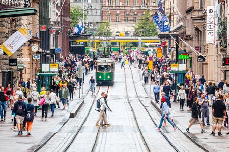 A busy street in&nbsp;Helsinki, Finland