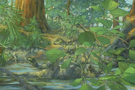 Reconstruction of the nesting ground of Hypacrosaurus stebingeri from the Two Medicine formation of Montana. In the center can be seen a deceased Hypacrosaurus nestling with the back of its skull embedded in shallow waters. A mourning adult is portrayed on the right. 