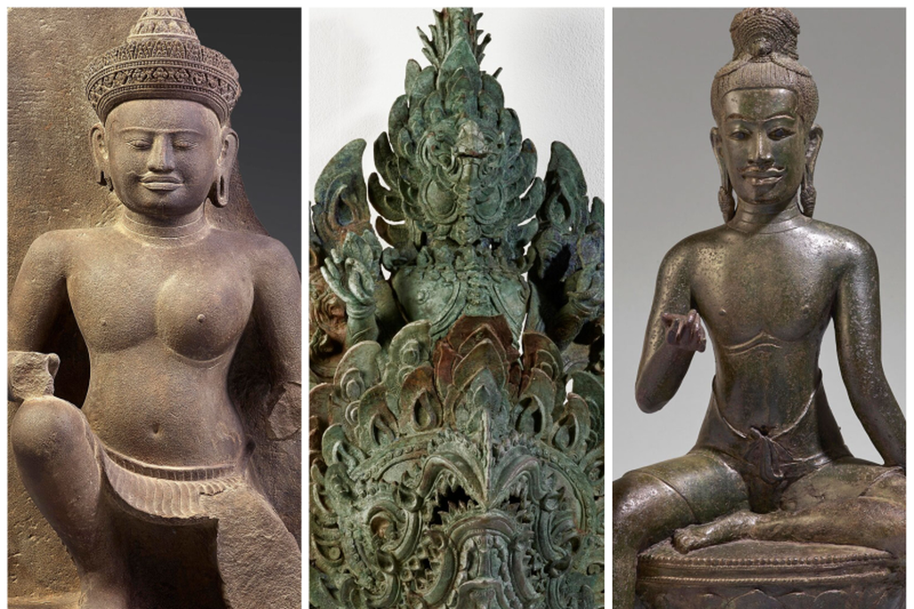 A collage of three works side by side; left, a statue of a half-male-half-female deity, middle an elaborate greenish bronze sculpture; right, a seated god statue 