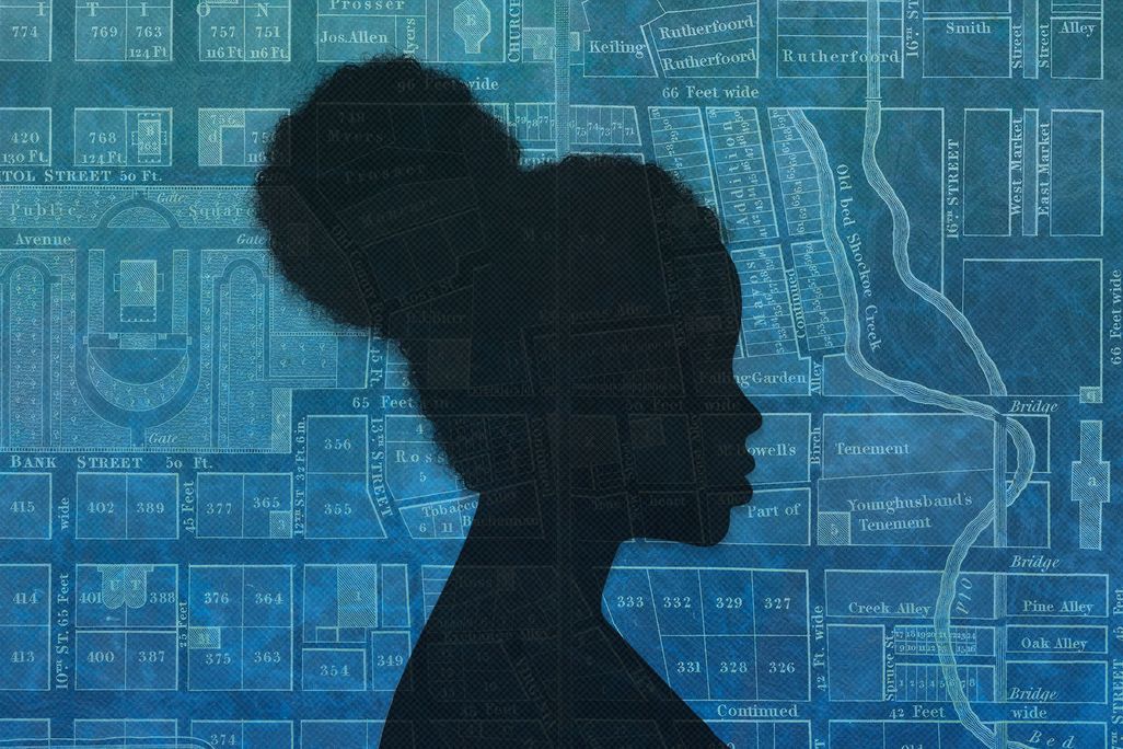Silhouette of a Black woman overlaid on map of 1860s Richmond
