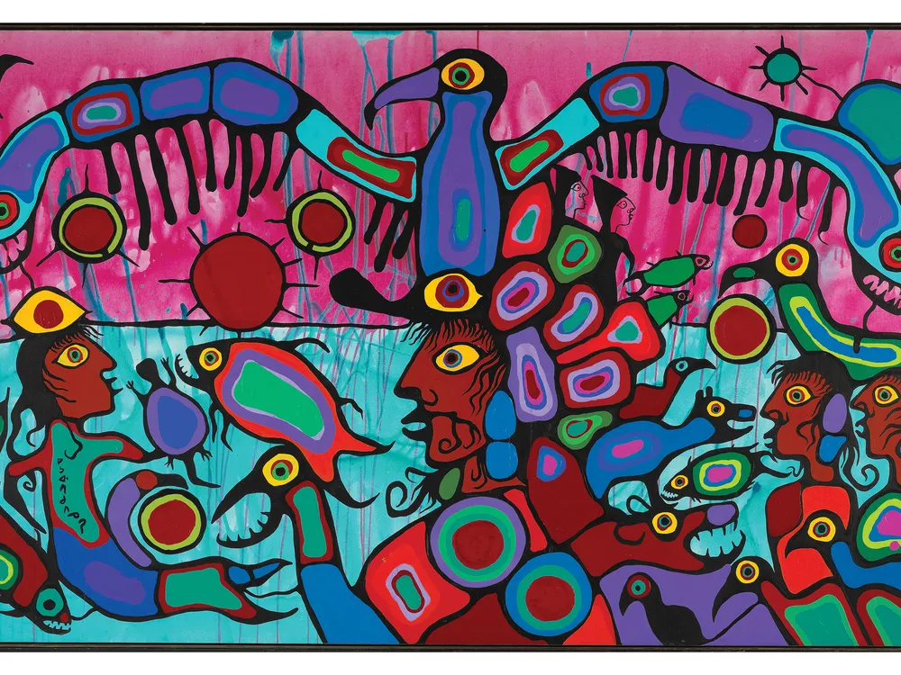Artist and Shaman Between Two Worlds, Norval Morrisseau, 1980, shows the artist’s signature style: bold colors and a surreal sense of his subjects’ inner lives.