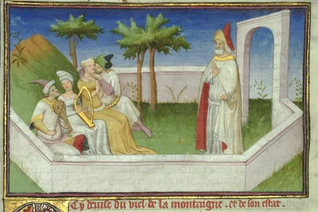 A European depiction of Hasan Sabbah, an 11th-century leader of the Nizari Ismailis, and his followers in a garden paradise