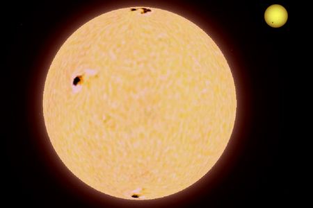 BD+48 740 is just a bit bigger than Pollux, seen here dwarfing our own Sun.