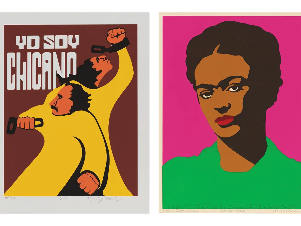 LEFT: Malaquias Montoya, Yo Soy Chicano, 1972 (reprinted in collaboration with Dignidad Rebelde, 2013). Gift of Gilberto Cárdenas and Dolores García © 1972, Malaquias Montoya (2019.51.1)
RIGHT: Rupert García, Frida Kahlo (September), ​​​​​from Galería de la Raza 1975 Calendario, 1975.
Gift of the Margaret Terrazas Santos Collection, Smithsonian American Art Museum © 1975, Rupert García (2019.52.19)