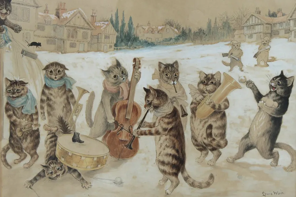Louis Wain illustration of cats singing carols