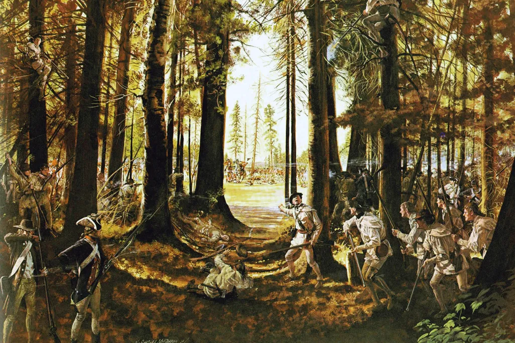 A romanticized 1975 depiction of Daniel Morgan's riflemen at the Battle of Saratoga on October 7, 1777
