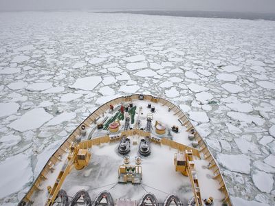 Russian ice breaker Kapitan Khlebnikov breaks through pack ice in the Southern Ocean