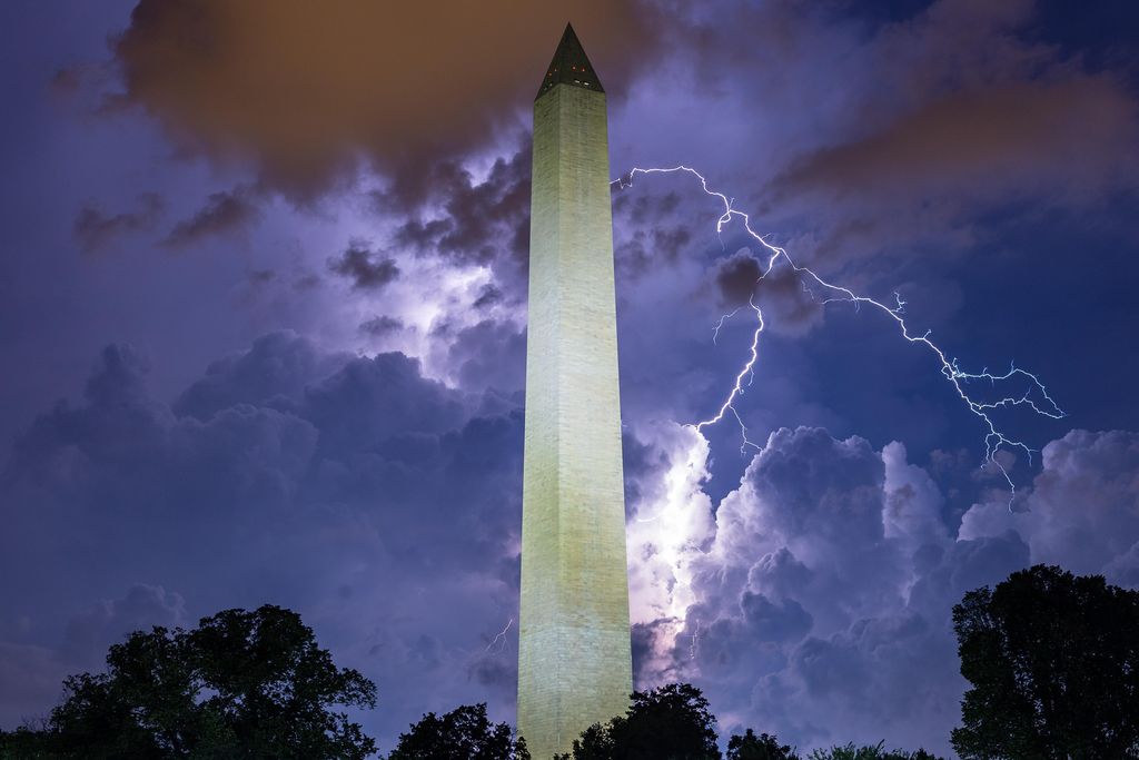 Stock image of lightning around the Washington Monument