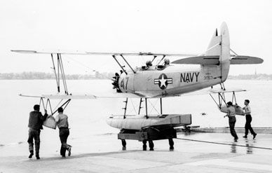 In 1957 midshipmen launched an N3N from the Severn River in Annapolis.