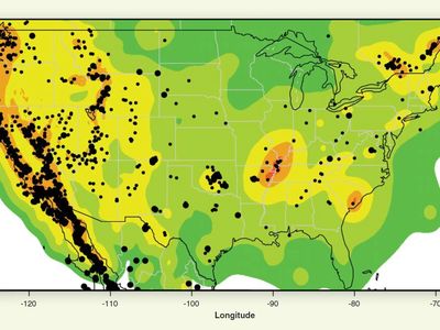 A map of earthquake activity around the U.S. from 2009 to 2012. Black dots are earthquakes above magnitude 3.0, with bigger circles for bigger earthquakes. 