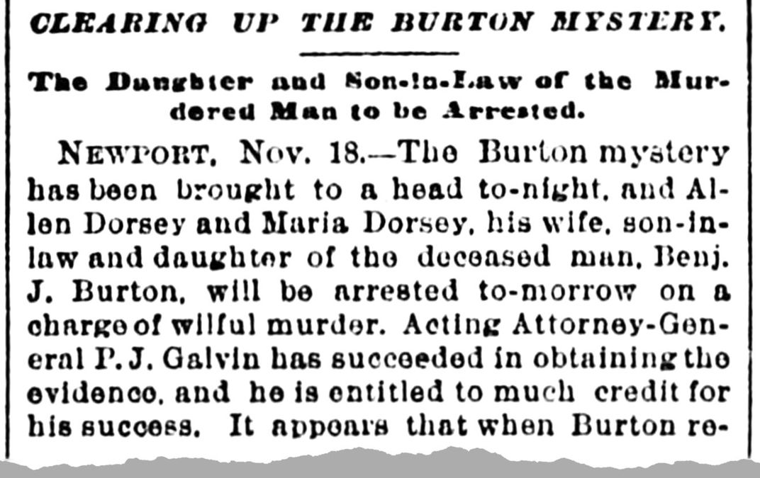 The Sun reports on the arrest of Maria Burton Dorsey and Allen Dorsey on November 19, 1885.