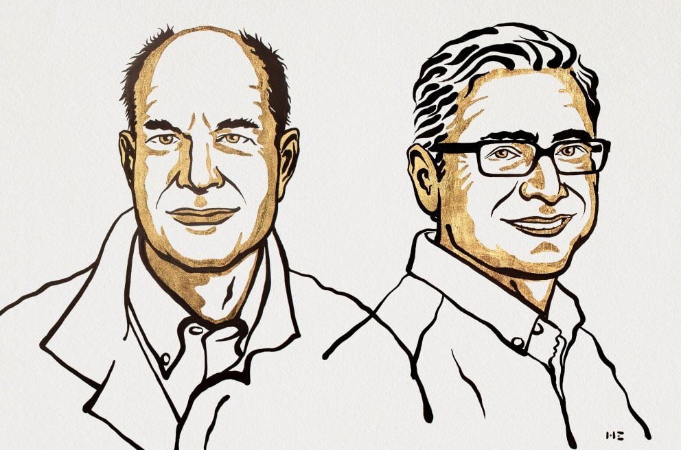 Black and yellow illustration of the two nobel prize winners, David Julius and Ardem Patapoutian.