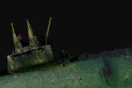 A photogrammetric reconstruction of the submarine USS F-1, showing the conning tower and collision damage that caused the boat to sink