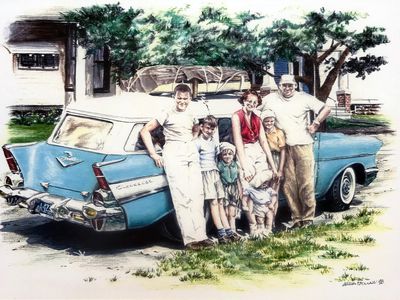 A colored-pencil portrait of the Esterle clan circa 1961, when a summer road trip from Ohio brought them to Rhinebeck. The author, 16 at the time, is on the left.