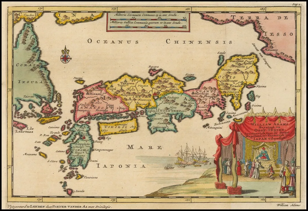 A 1707 map of Japan, with an idealized depiction of Ieyasu and William Adams at bottom right