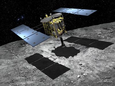 This artist's rendering of Hayabusa 2 shows the craft with its snout-like "sampler horn" deployed. The craft is scheduled to rendezvous with asteroid 1999 JU3 in June 2018.