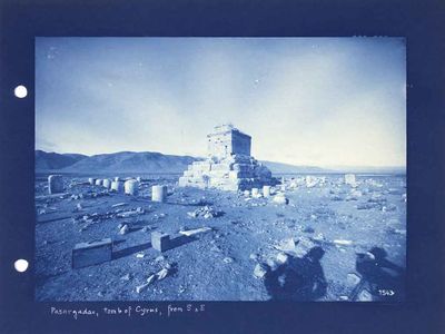 The mausoleum of Cyrus in a cyanotype from a glass plate negative from the papers of Ernst Herzfeld.