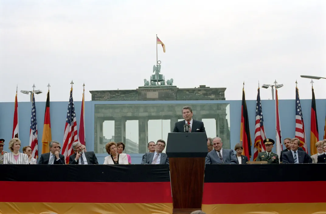 Ronald Reagan urges Soviet leader Mikhail Gorbachev to tear down the Berlin Wall in a June 1987 speech.
