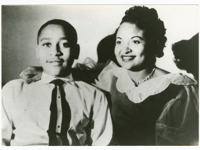 Black and white photographic print of Emmet Till and his mother, Mamie Till Mobley.