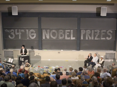 A view from the webcast of the 34th First Annual Ig Nobel Ceremony.