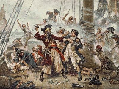Capture of the Pirate, Blackbeard, 1718, Jean Leon Gerome Ferris, painted in 1920