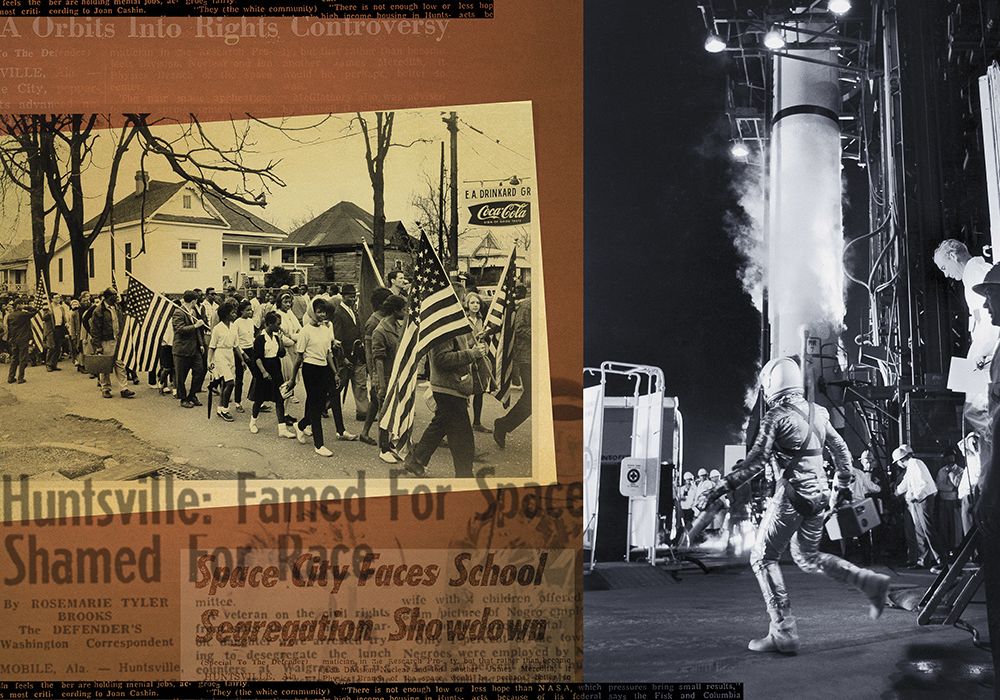 When Alan Shepard strode out to the Mercury-Redstone rocket in May 1961 (above, right), NASA was scarcely integrated. By 1965, at the time of the Selma-to-Montgomery, Alabama civil rights march (above, left), the Huntsville rocket center employed several 