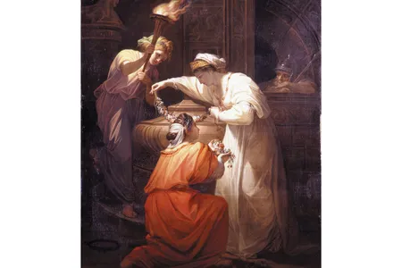 Cleopatra Adorning the Tomb of Mark Anthony, c. 1765, was one of Angelica Kauffman&rsquo;s most popular works, reproduced not only in print but also on porcelain and furniture.