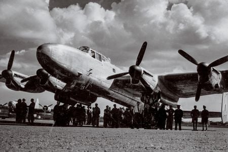 The airline would use the Avro Lancastrian both to ferry passengers (as in this 1945 scene) and to carry engines, using a specially designed pod slung underneath the fuselage.