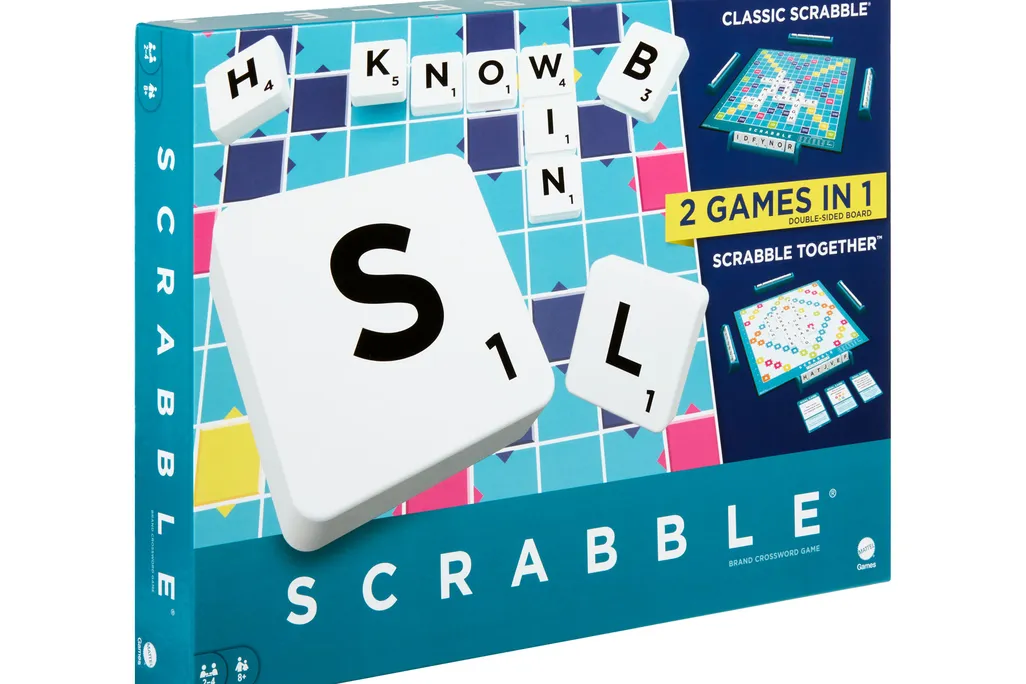 Scrabble box against white background
