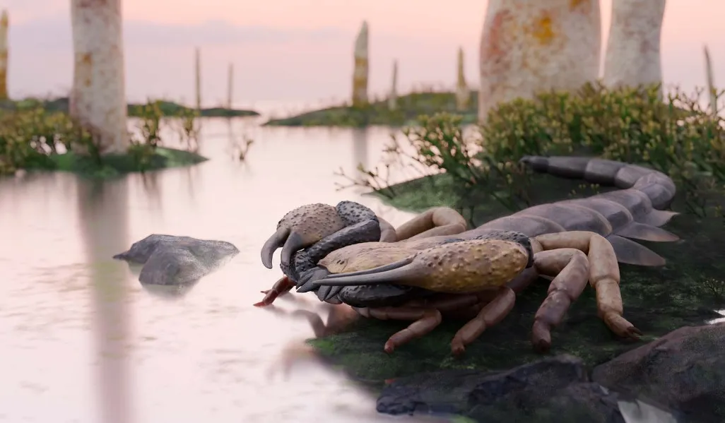 realistic rendering of a scorpion by a body of water